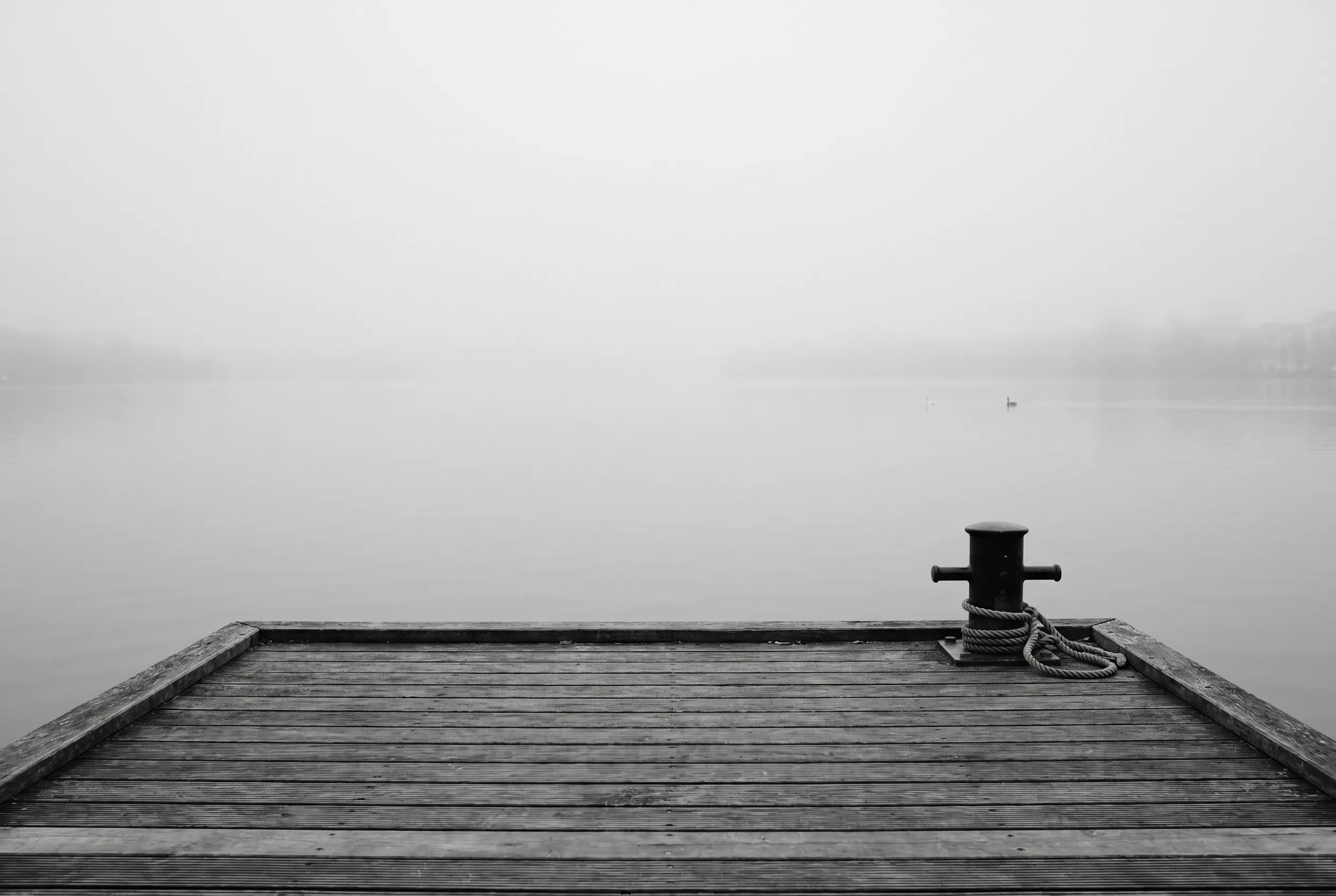 The Außenalster lake under thick winter fog, no skyline visible.