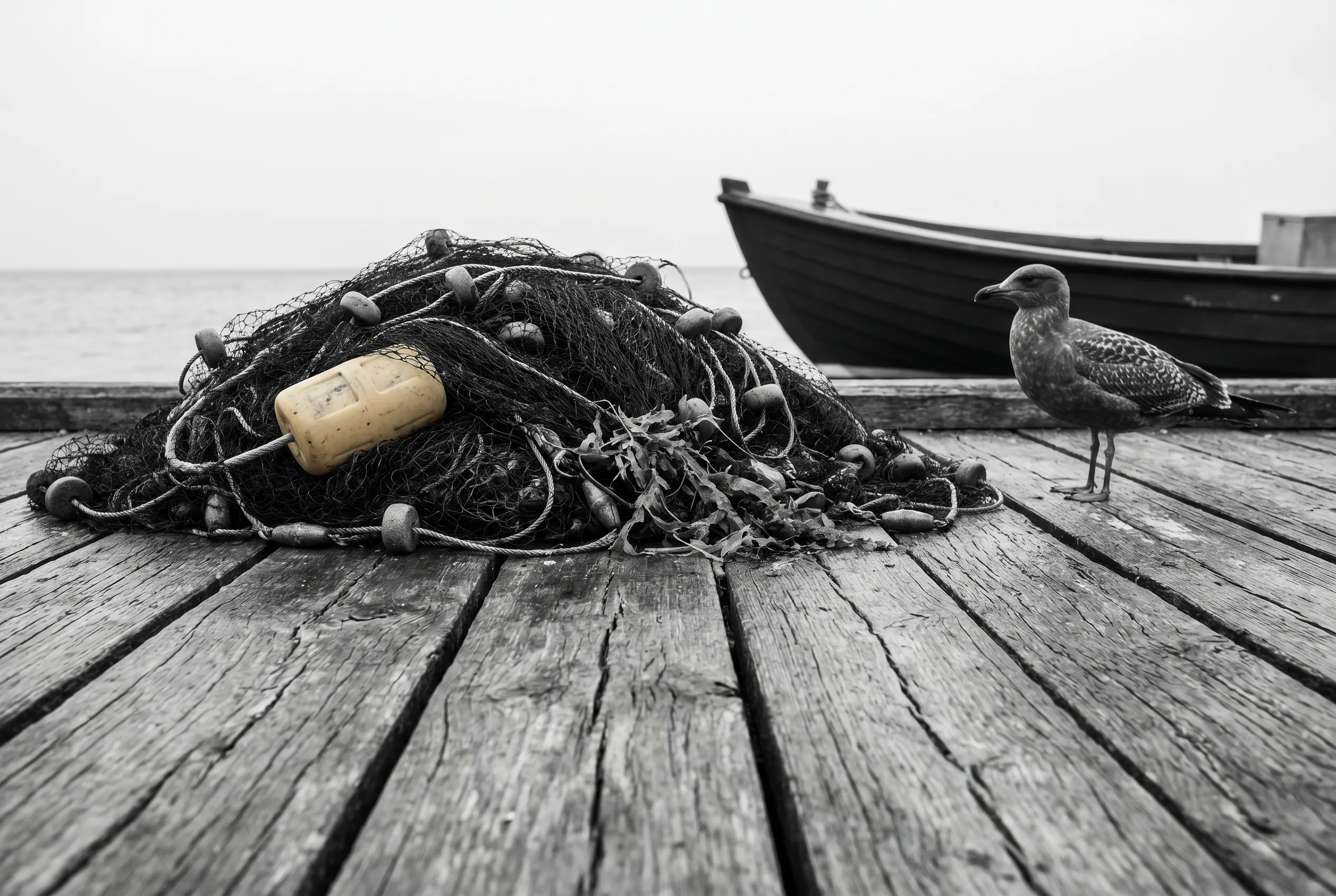 A pile of fishing net on a wooden quay, a single gull standing nearby.