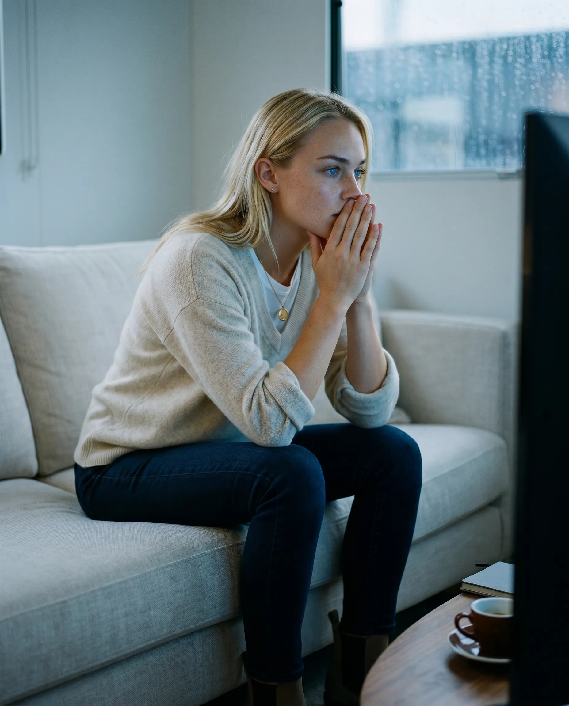 A woman watches Formula 1 qualifying on a TV.
