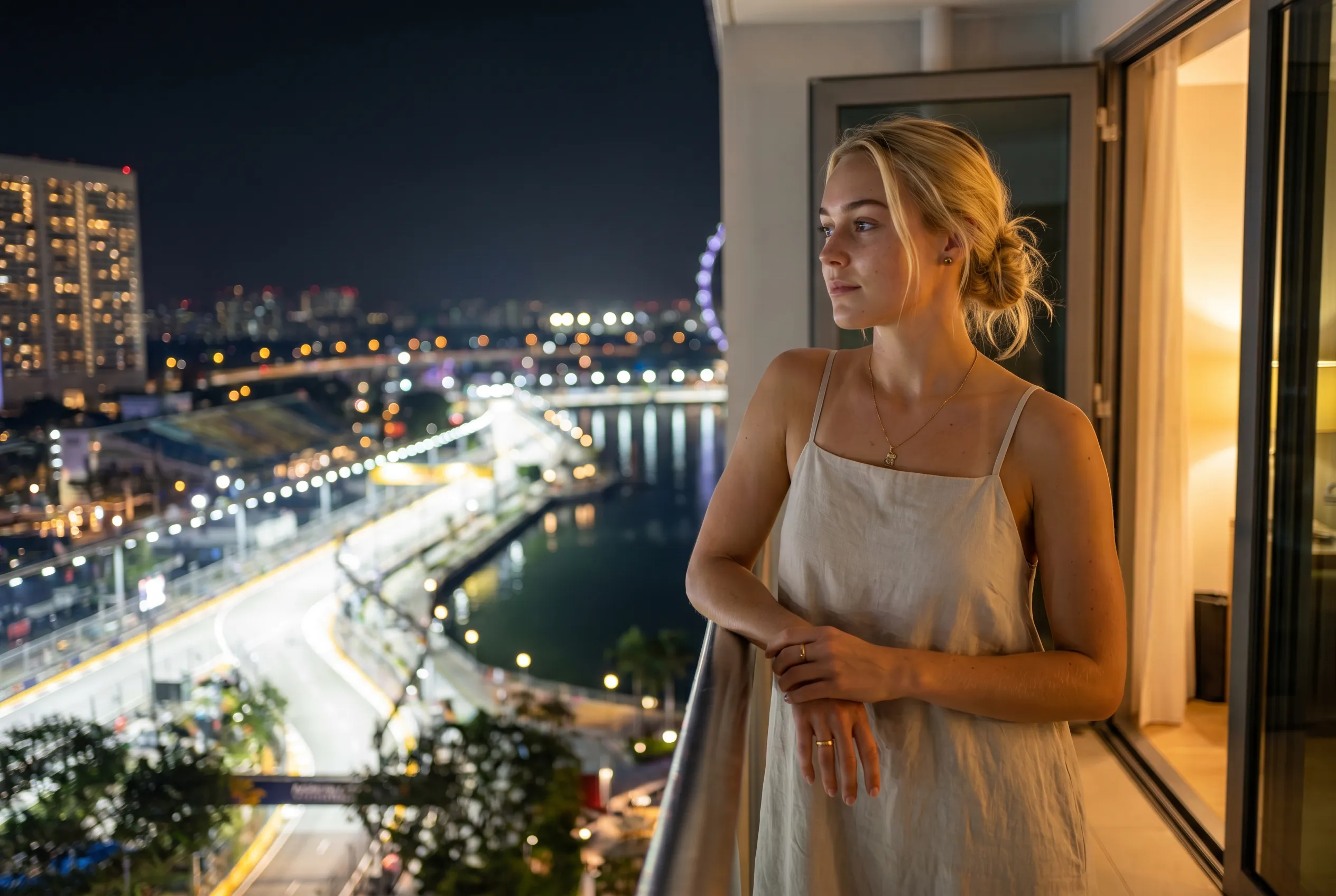 A woman watches a Formula 1 race outside her window.