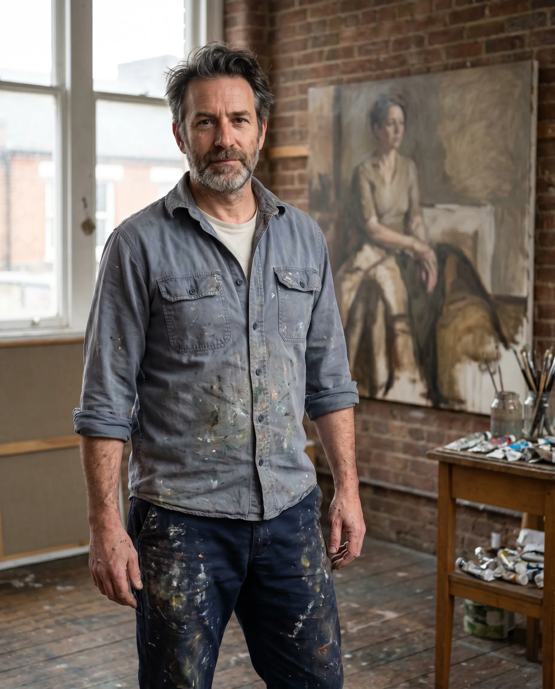 Gideon Rubin in his studio, a half-finished canvas behind him.