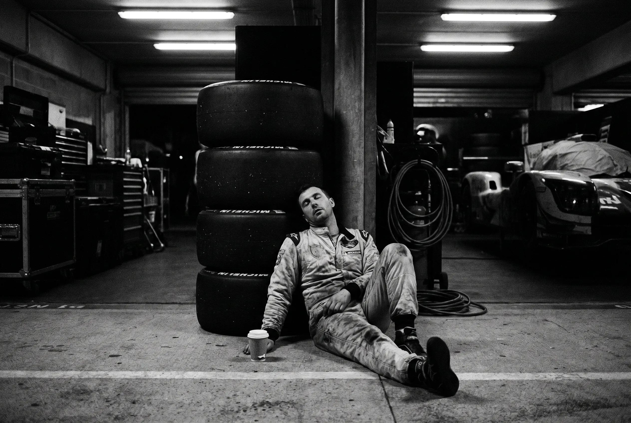 A mechanic seated against a stack of tyres in a dim garage at night.