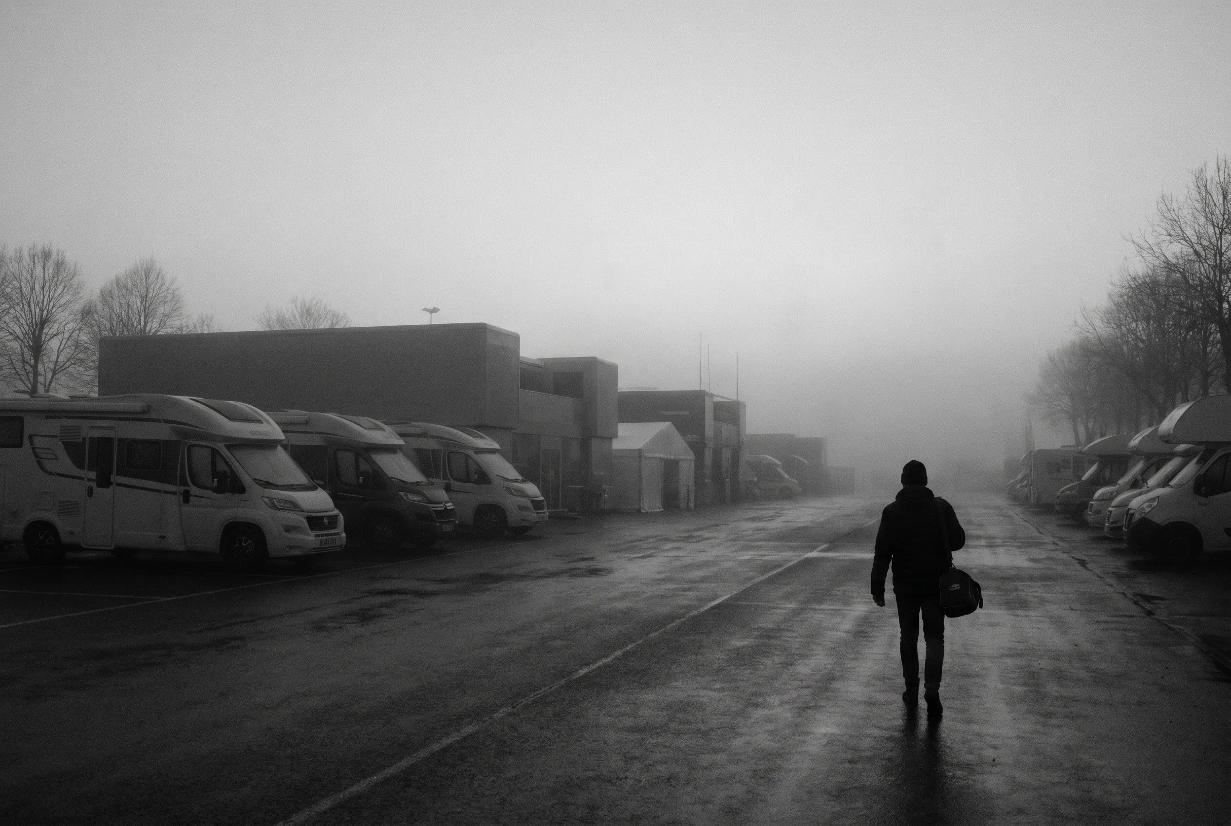 The paddock at dawn, the building line softened by fog.