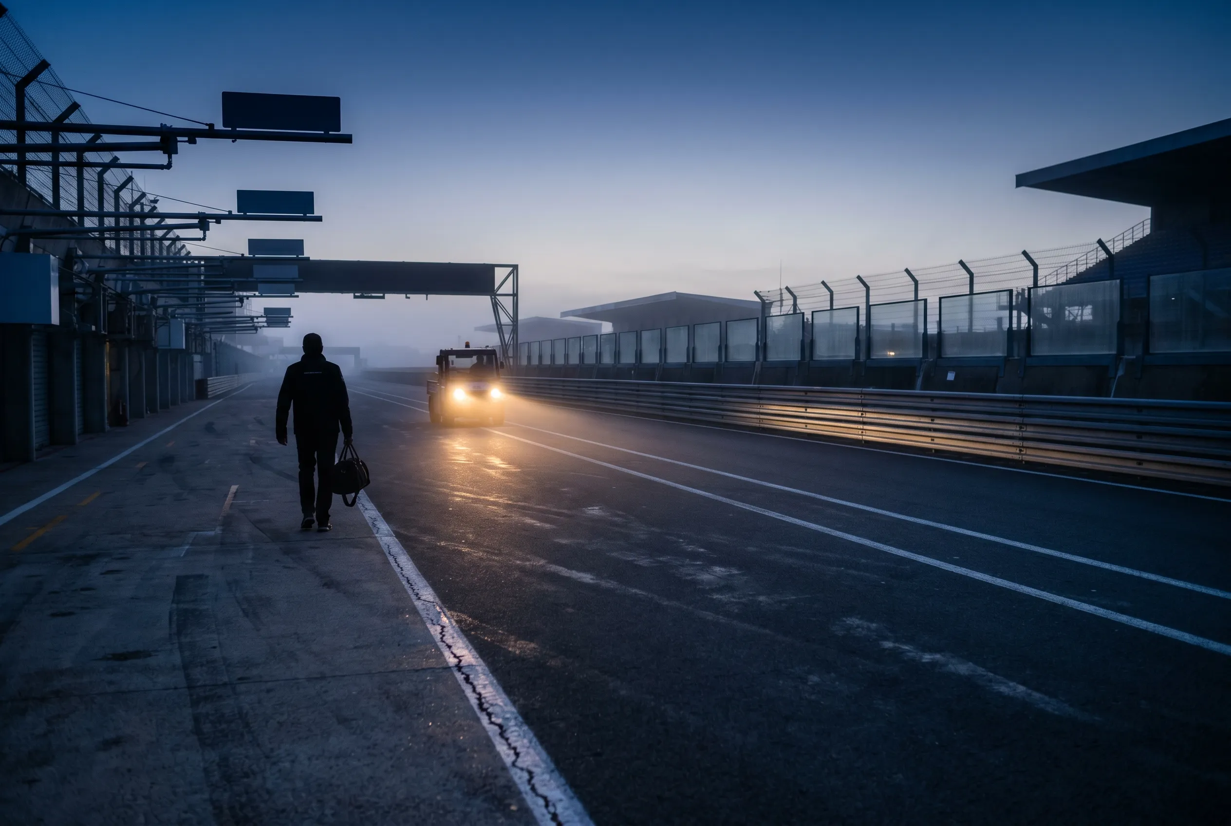 The pit lane at blue hour, low headlights and a single figure walking.