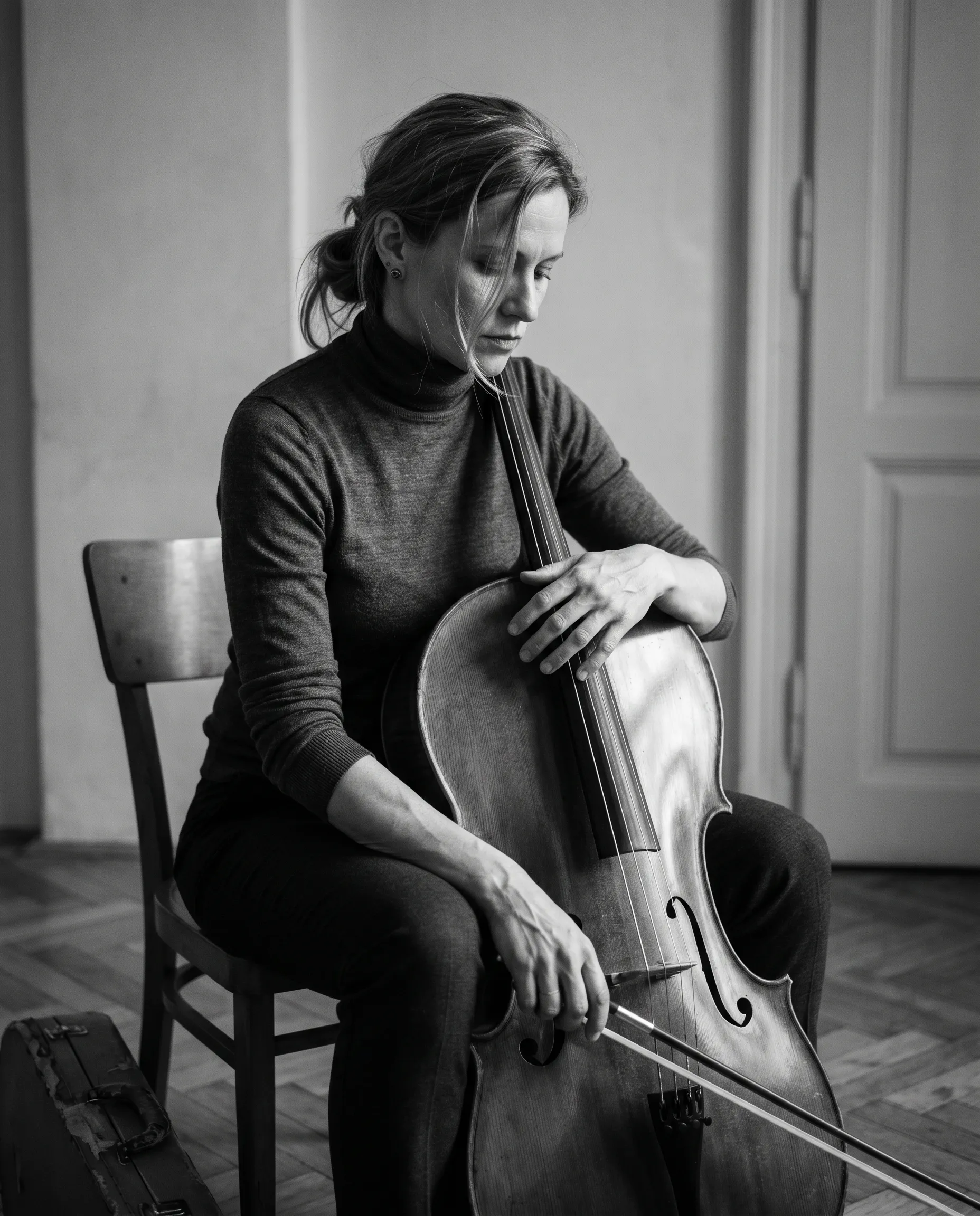 Marta Heřmánková with her cello between rehearsals, head down.
