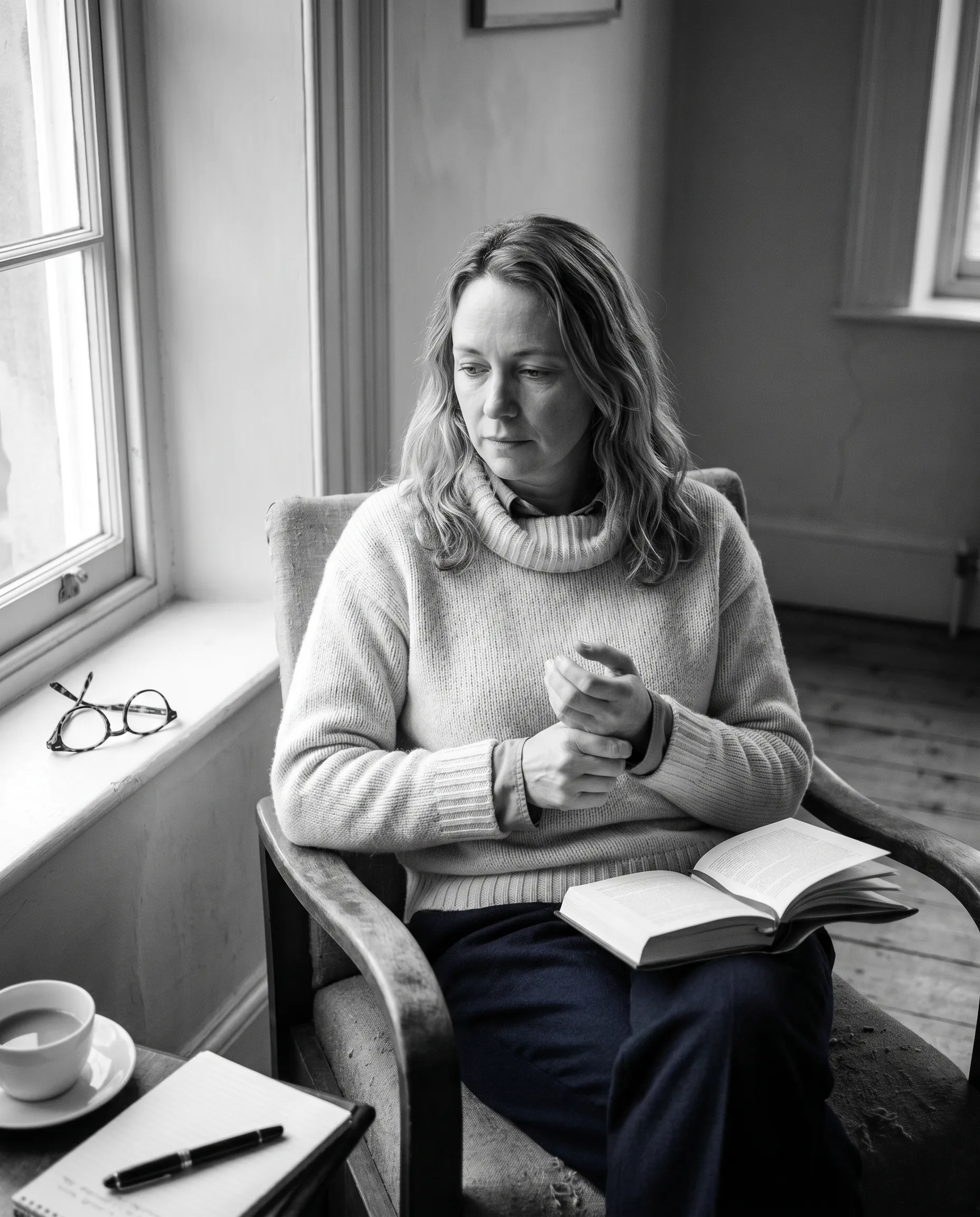 Olivia Laing seated near a tall window, hands folded in her lap.
