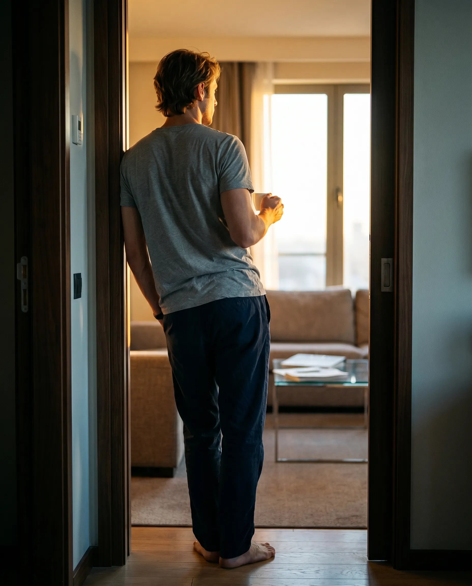 A man in a hotel doorway, morning light from the window behind him.