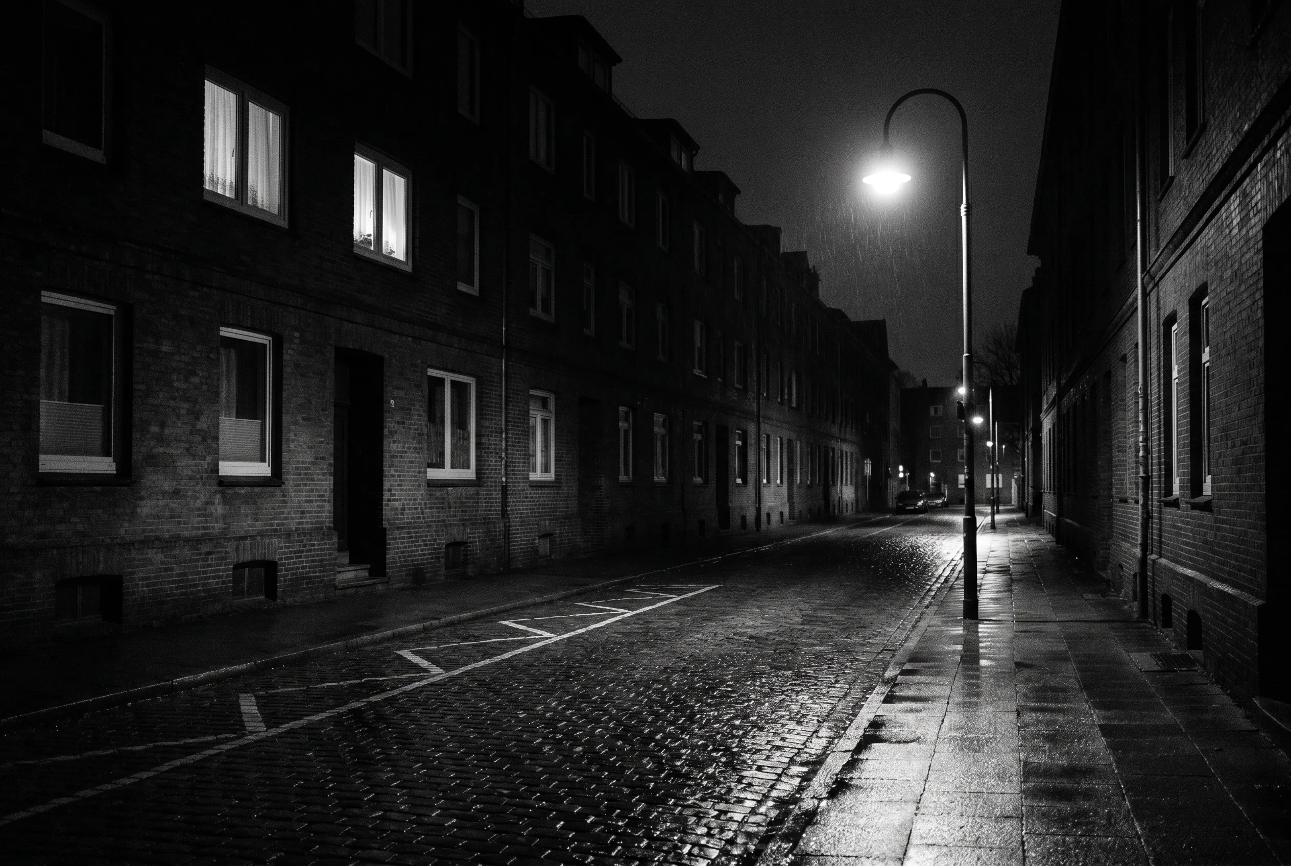 A wet Sankt Pauli street under a single sodium lamp.